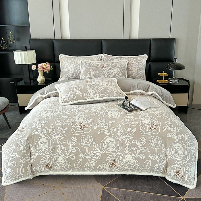 91家纺网 家纺一手货源 找家纺 许林家纺 2025新款兔毛宽包边立体雕花牛奶绒四件套 牧云