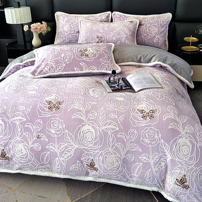 91家纺网 家纺一手货源 找家纺 许林家纺 2025新款兔毛宽包边立体雕花牛奶绒四件套 雪愿