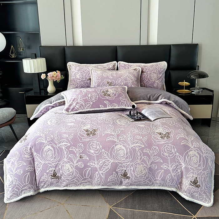 91家纺网 家纺一手货源 找家纺 许林家纺 2025新款兔毛宽包边立体雕花牛奶绒四件套 雪愿