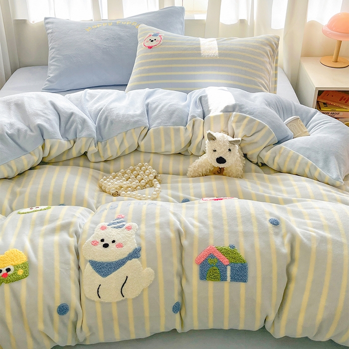 如一 2025新款卡通毛巾绣系列牛奶绒四件套第二批 竖条西高