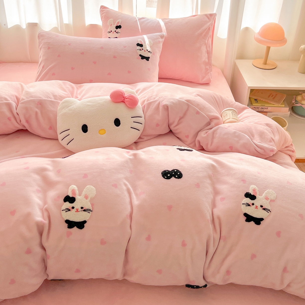 91家纺网 家纺一手货源 找家纺 如一 2025新款卡通毛巾绣系列牛奶绒四件套第二批 领结粉兔