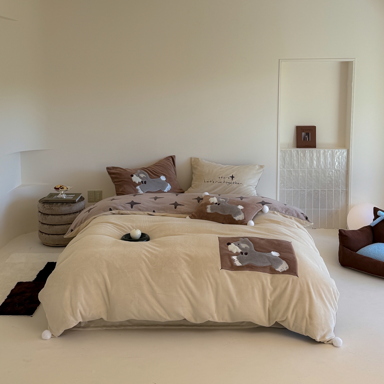 简纯主义 2025新款260g全消光全工艺贴布绣花牛奶绒四件套-迷糊小狗系列 星芒