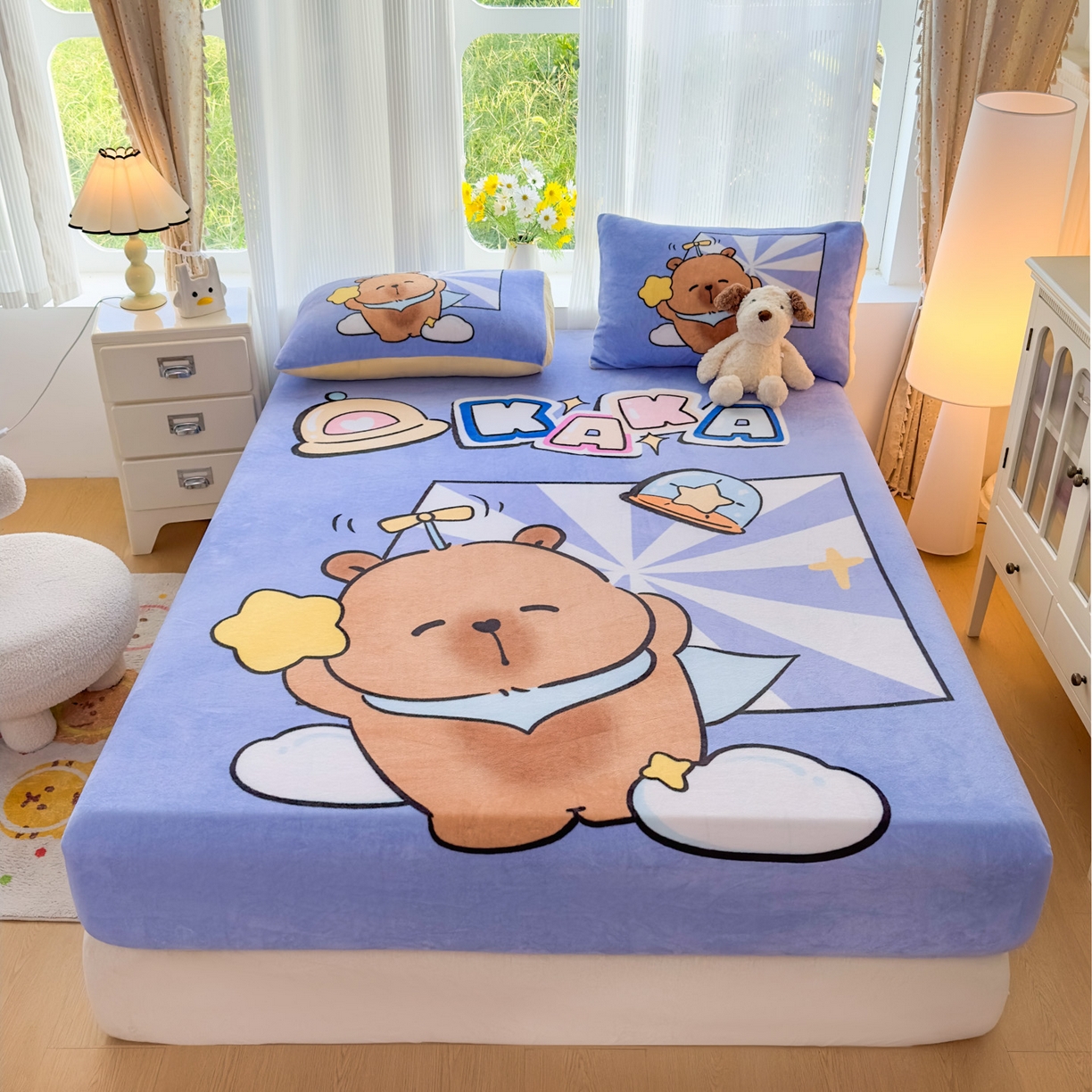 91家纺网 家纺一手货源 找家纺 （总）浩诚 2025新款大版原创设计卡皮巴拉高克重牛奶绒单床笠