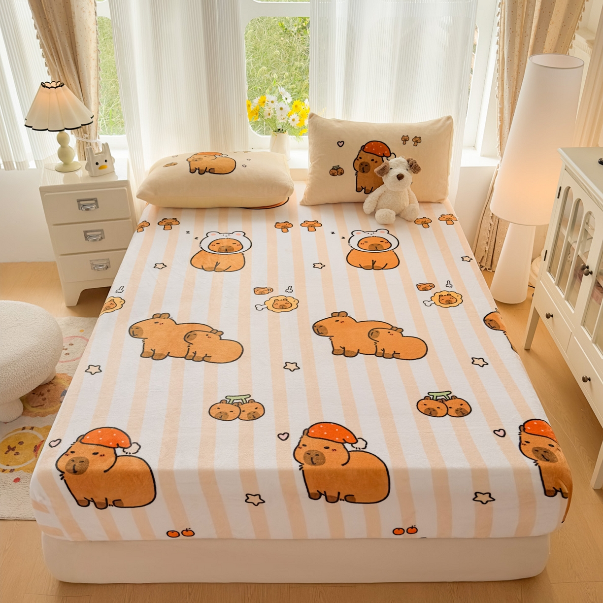 91家纺网 家纺一手货源 找家纺 （总）浩诚 2025新款大版原创设计卡皮巴拉高克重牛奶绒单床笠