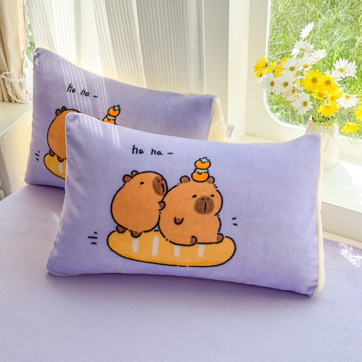 91家纺网 家纺一手货源 找家纺 浩诚 2025新款大版原创设计卡皮巴拉高克重牛奶绒单床笠 紫色巴拉