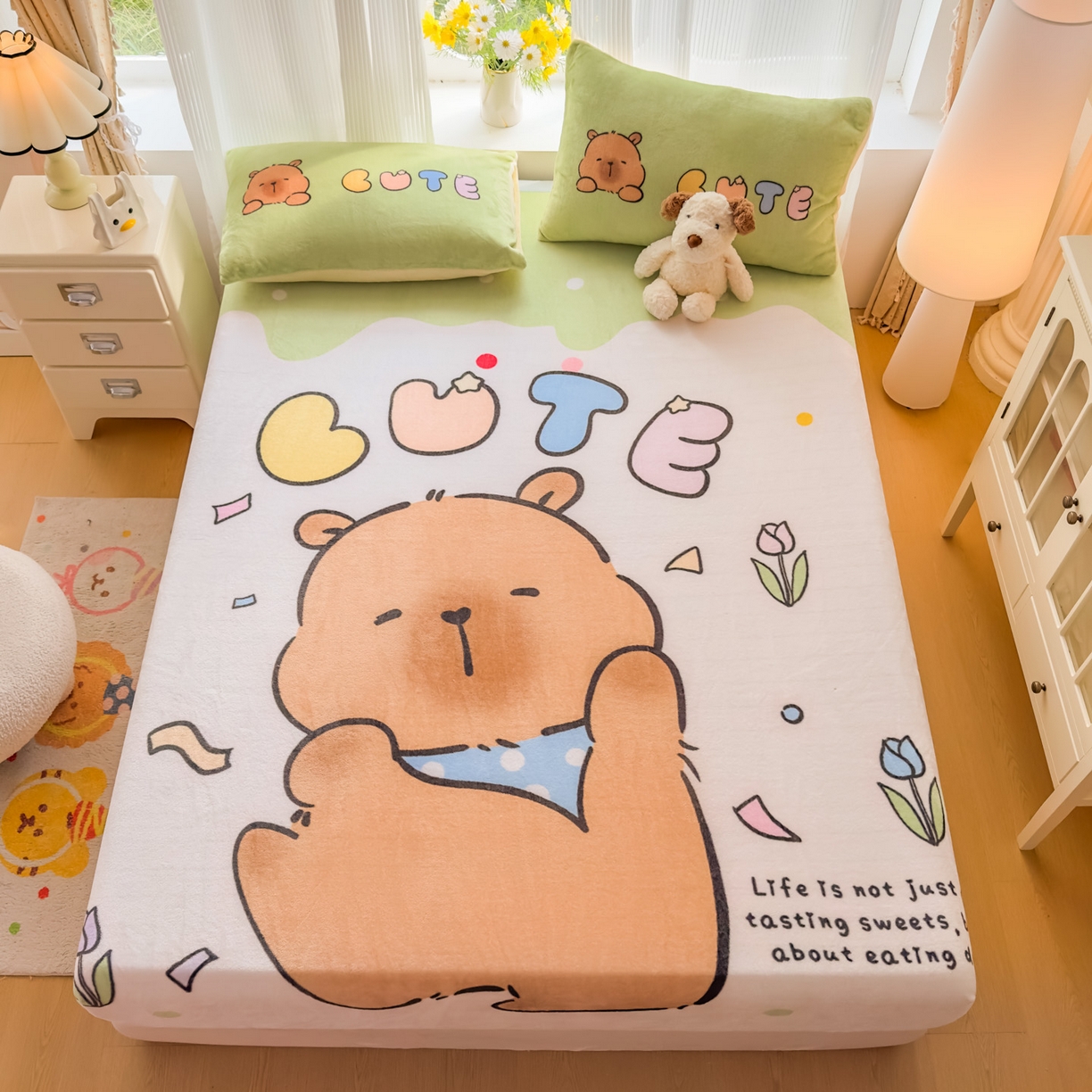 91家纺网 家纺一手货源 找家纺 浩诚 2025新款大版原创设计卡皮巴拉高克重牛奶绒单床笠 水豚巴拉