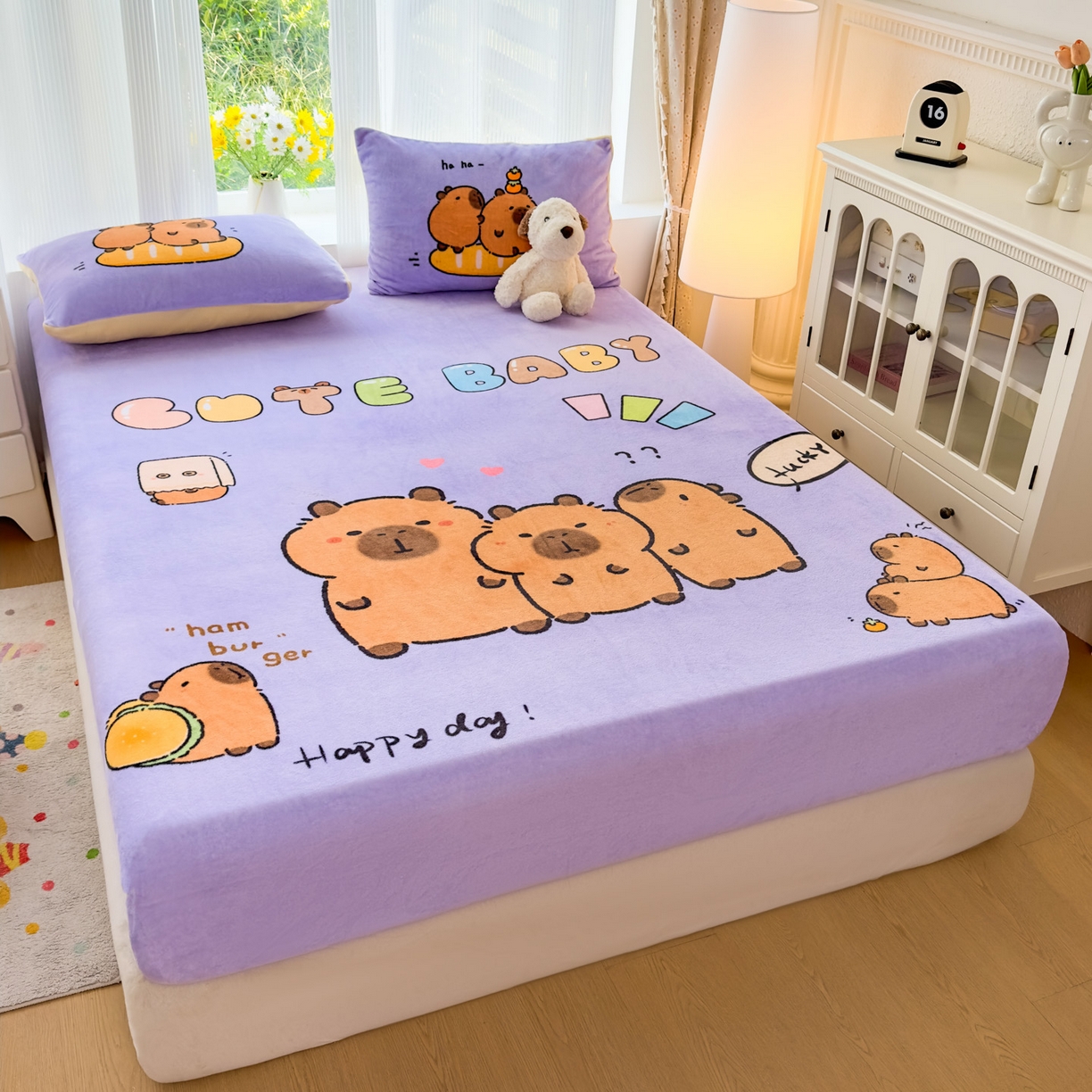 91家纺网 家纺一手货源 找家纺 浩诚 2025新款大版原创设计卡皮巴拉高克重牛奶绒单床笠 紫色巴拉