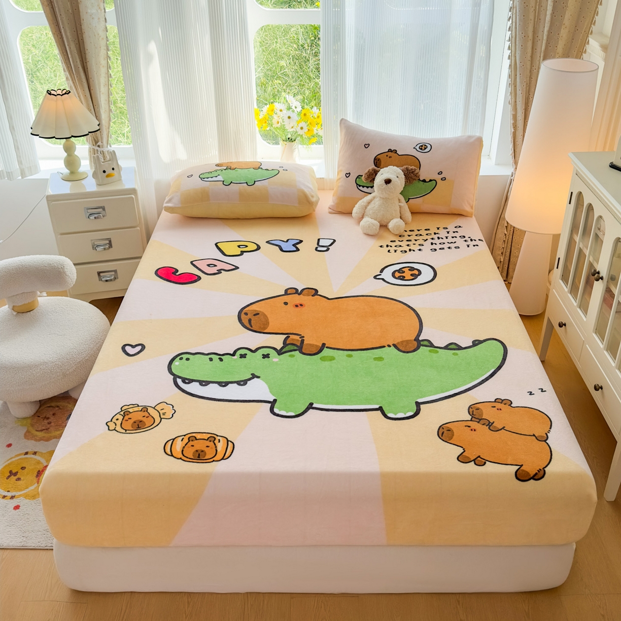 浩诚 2025新款大版原创设计卡皮巴拉高克重牛奶绒单床笠 趴趴巴拉