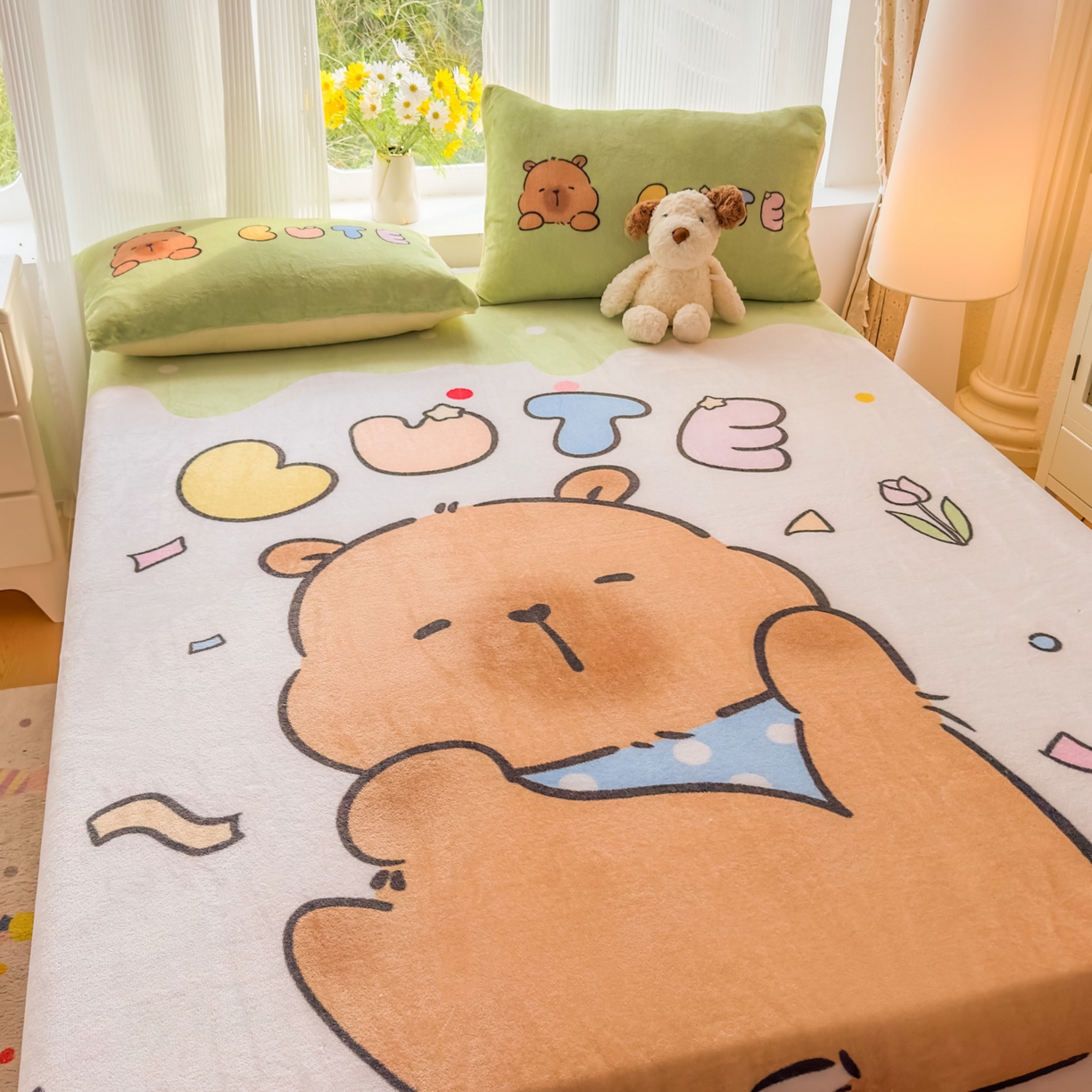 91家纺网 家纺一手货源 找家纺 浩诚 2025新款大版原创设计卡皮巴拉高克重牛奶绒单床笠 水豚巴拉