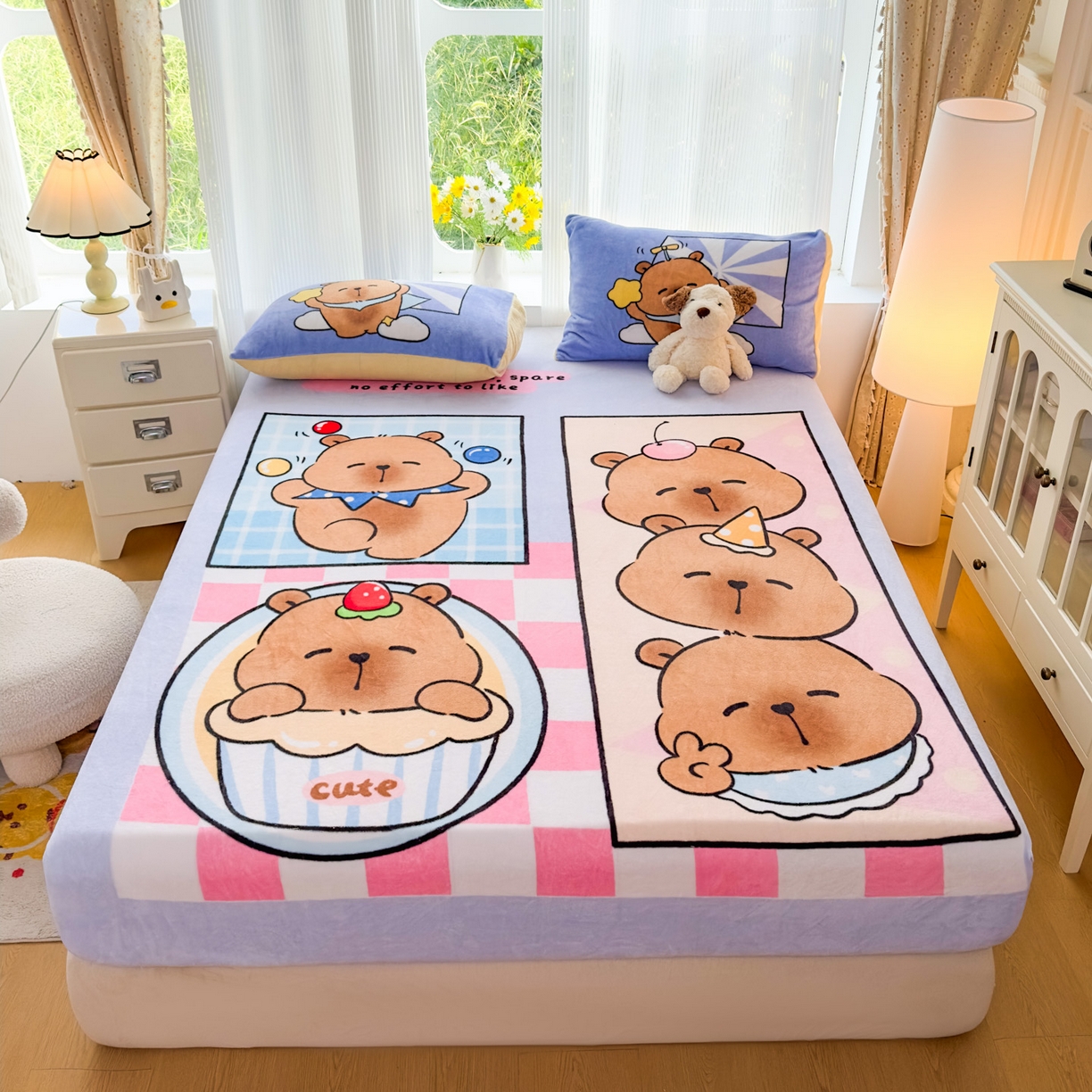 浩诚 2025新款大版原创设计卡皮巴拉高克重牛奶绒单床笠 调皮巴拉