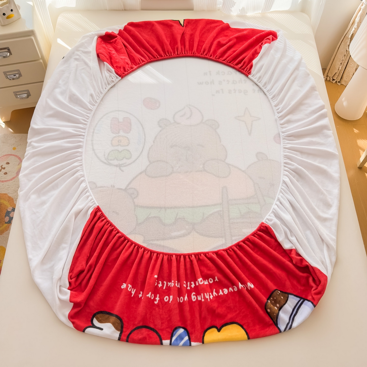 91家纺网 家纺一手货源 找家纺 浩诚 2025新款大版原创设计卡皮巴拉高克重牛奶绒单床笠 汉堡巴拉