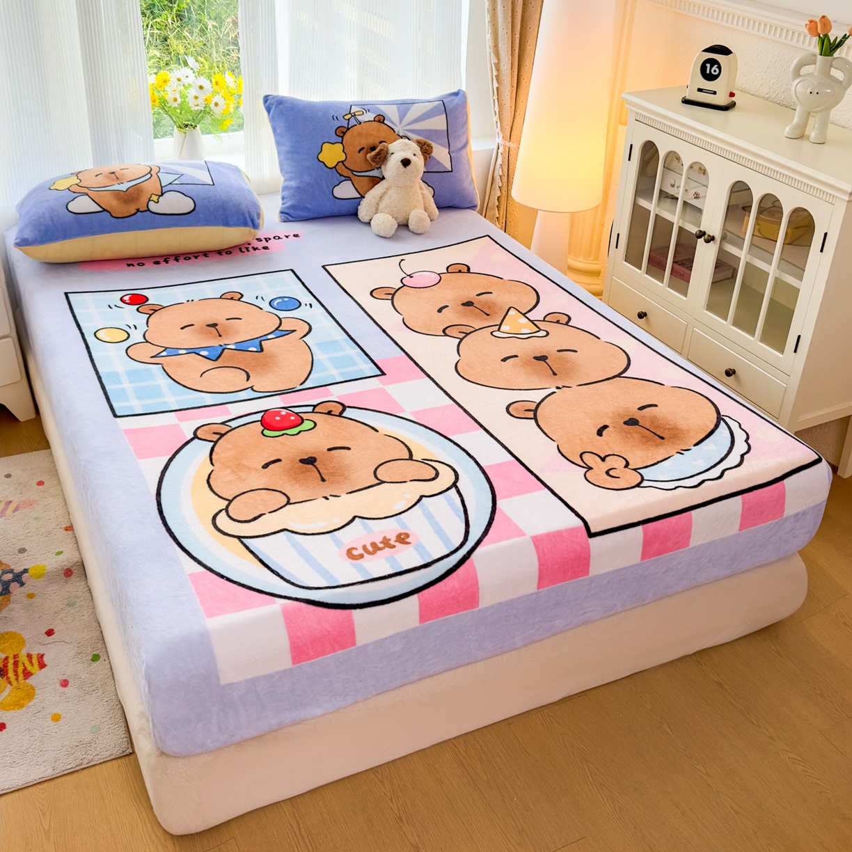 91家纺网 家纺一手货源 找家纺 浩诚 2025新款大版原创设计卡皮巴拉高克重牛奶绒单床笠 调皮巴拉