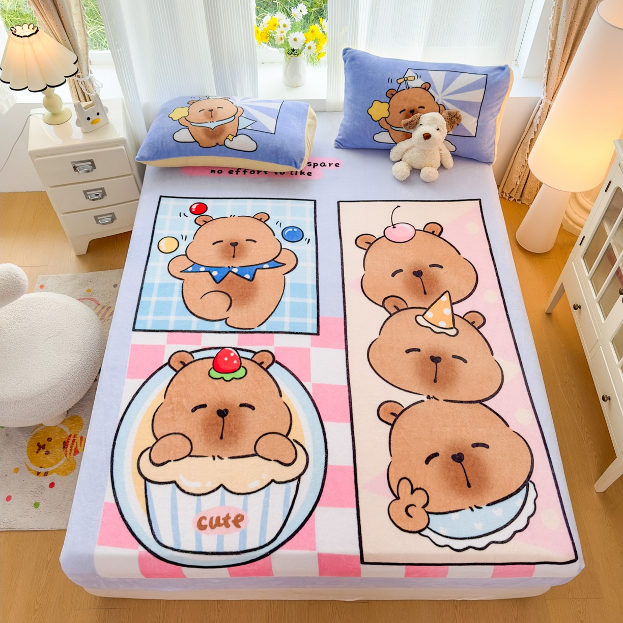 91家纺网 家纺一手货源 找家纺 浩诚 2025新款大版原创设计卡皮巴拉高克重牛奶绒单床笠 调皮巴拉