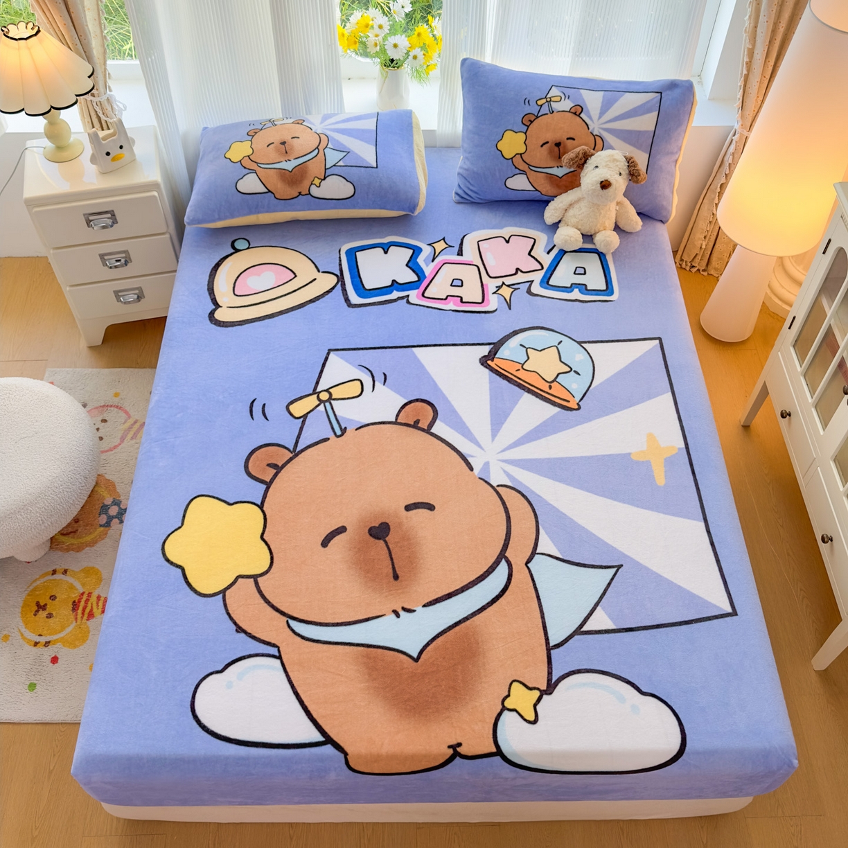 91家纺网 家纺一手货源 找家纺 浩诚 2025新款大版原创设计卡皮巴拉高克重牛奶绒单床笠 飞行员卡卡