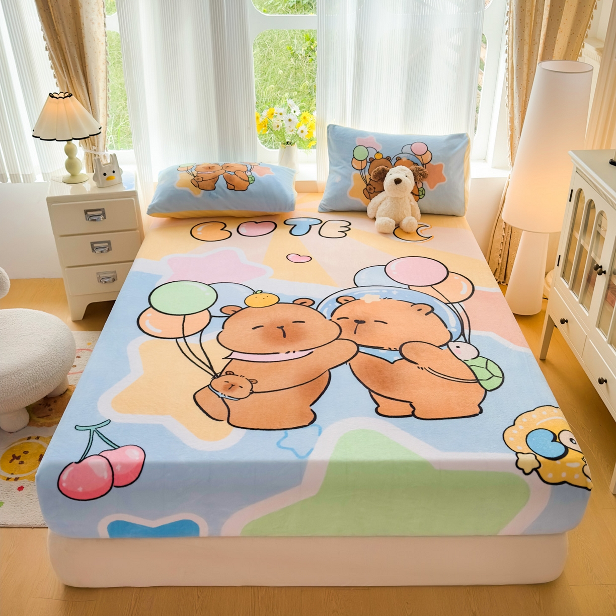 浩诚 2025新款大版原创设计卡皮巴拉高克重牛奶绒单床笠 气球巴拉