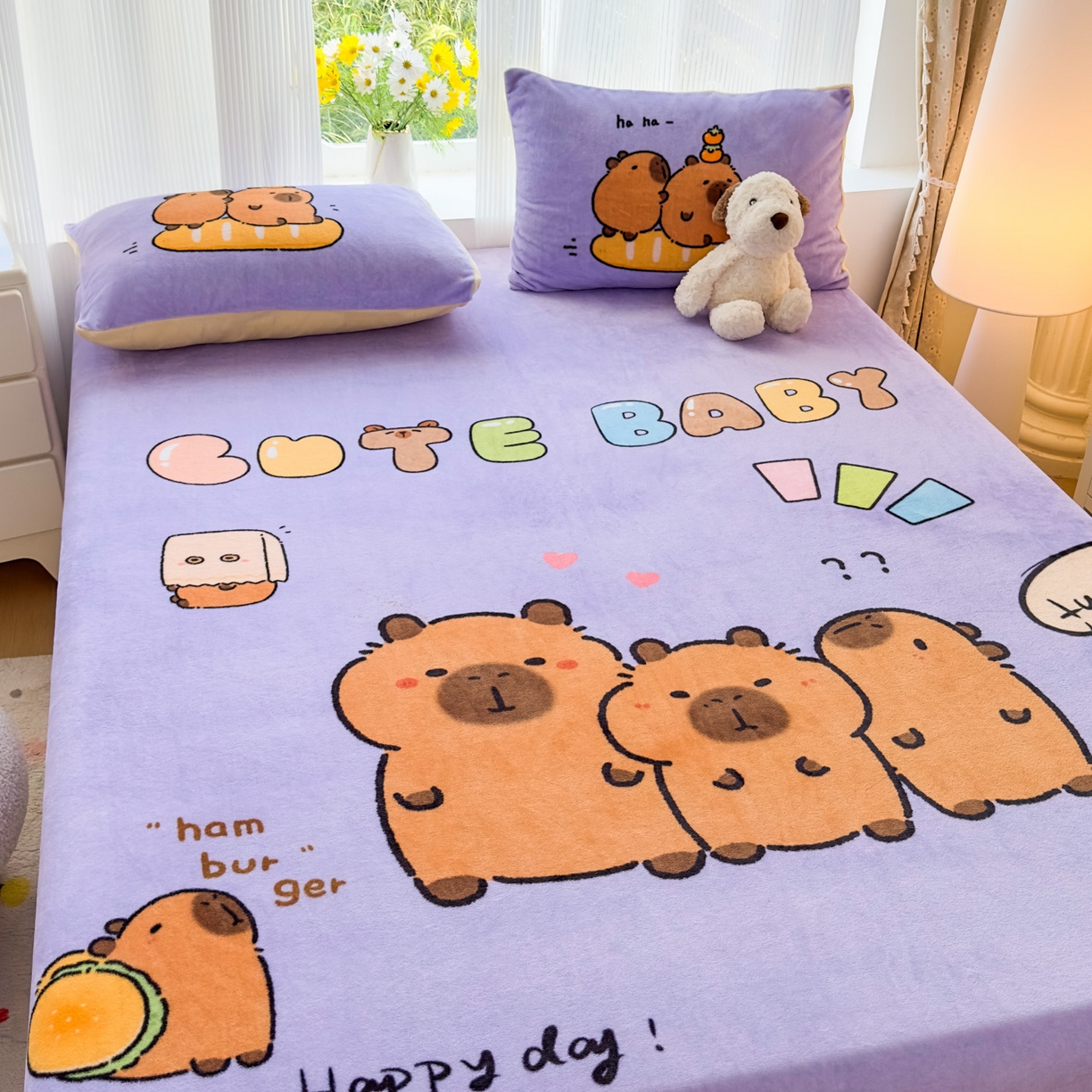 91家纺网 家纺一手货源 找家纺 浩诚 2025新款大版原创设计卡皮巴拉高克重牛奶绒单床笠 紫色巴拉