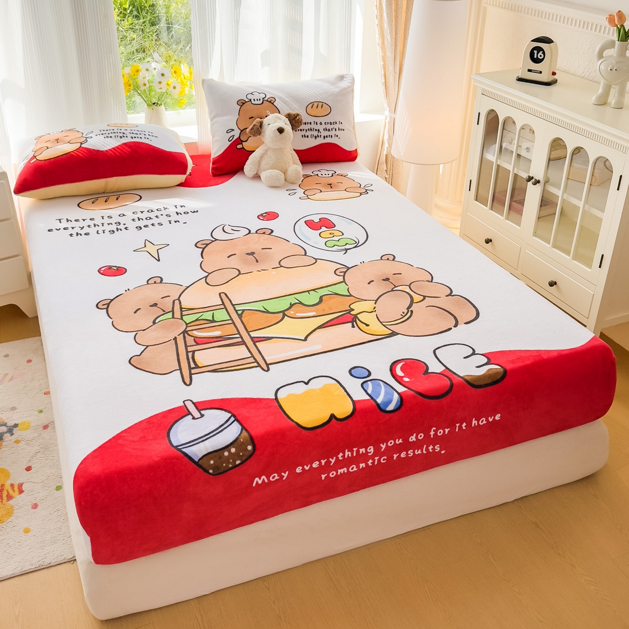 91家纺网 家纺一手货源 找家纺 浩诚 2025新款大版原创设计卡皮巴拉高克重牛奶绒单床笠 汉堡巴拉