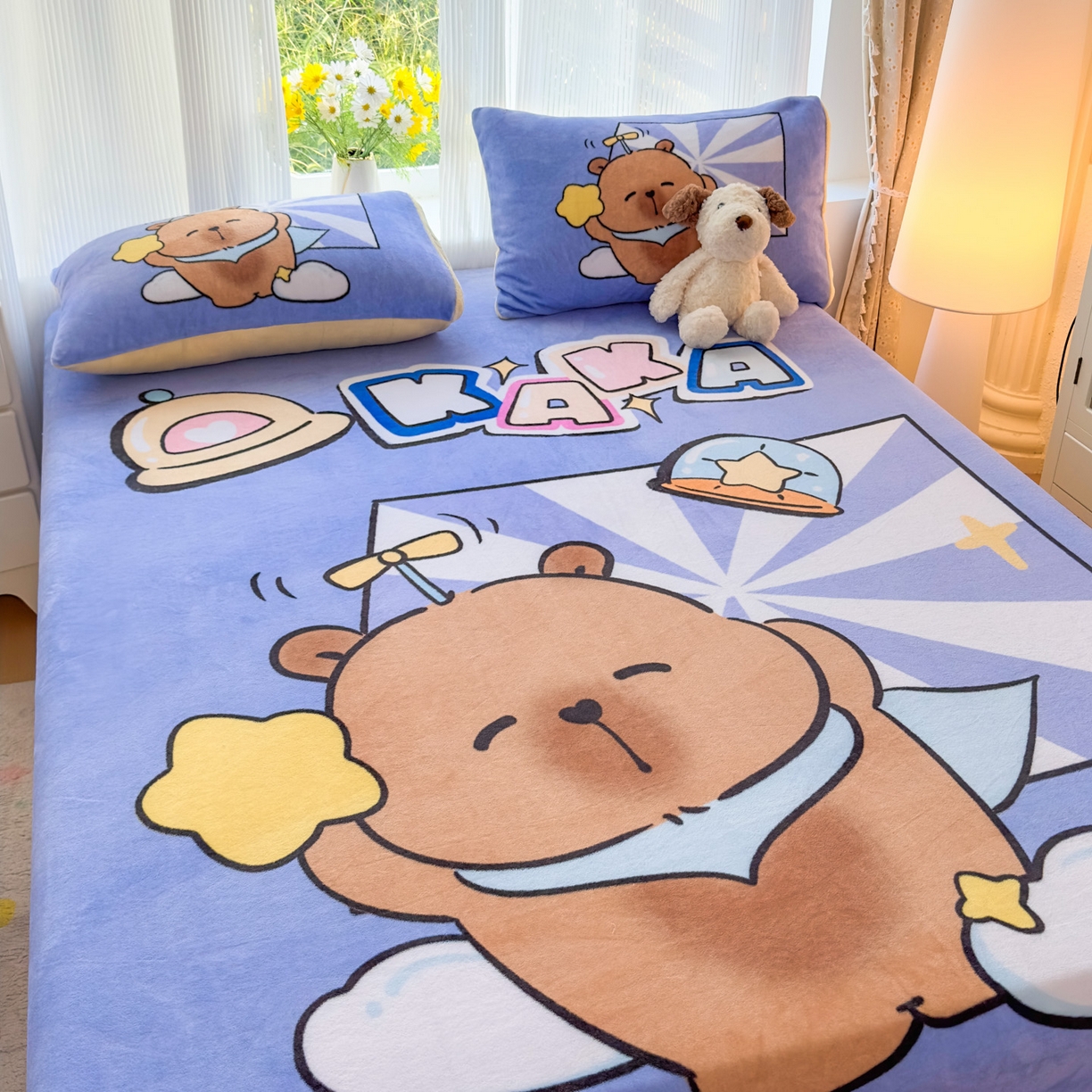 91家纺网 家纺一手货源 找家纺 浩诚 2025新款大版原创设计卡皮巴拉高克重牛奶绒单床笠 飞行员卡卡