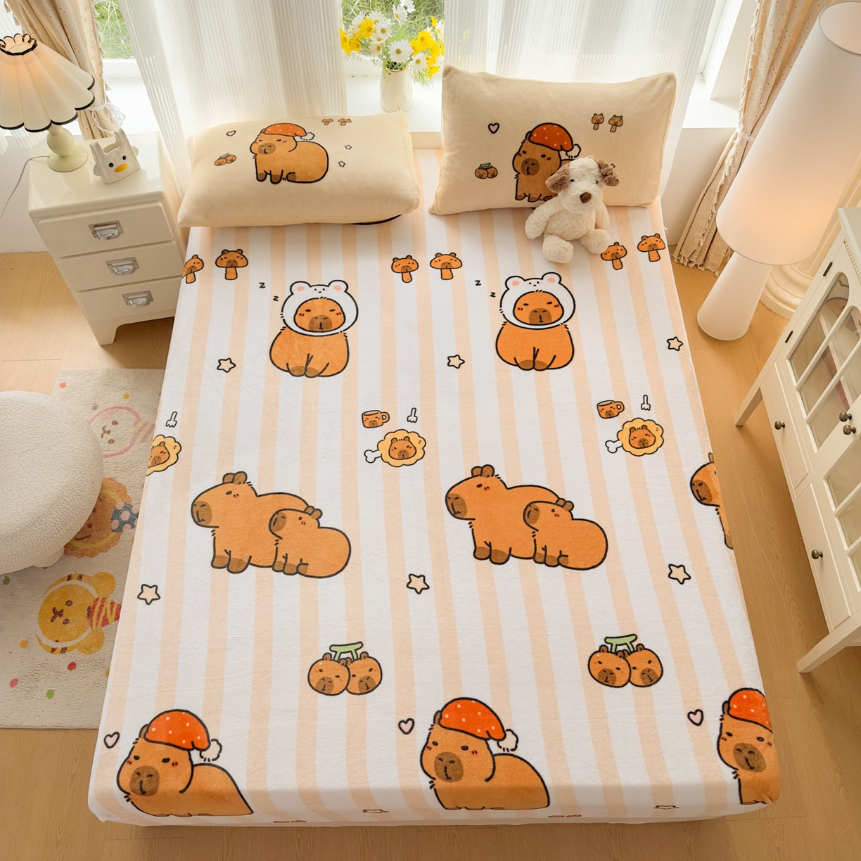 91家纺网 家纺一手货源 找家纺 浩诚 2025新款大版原创设计卡皮巴拉高克重牛奶绒单床笠 条纹巴拉