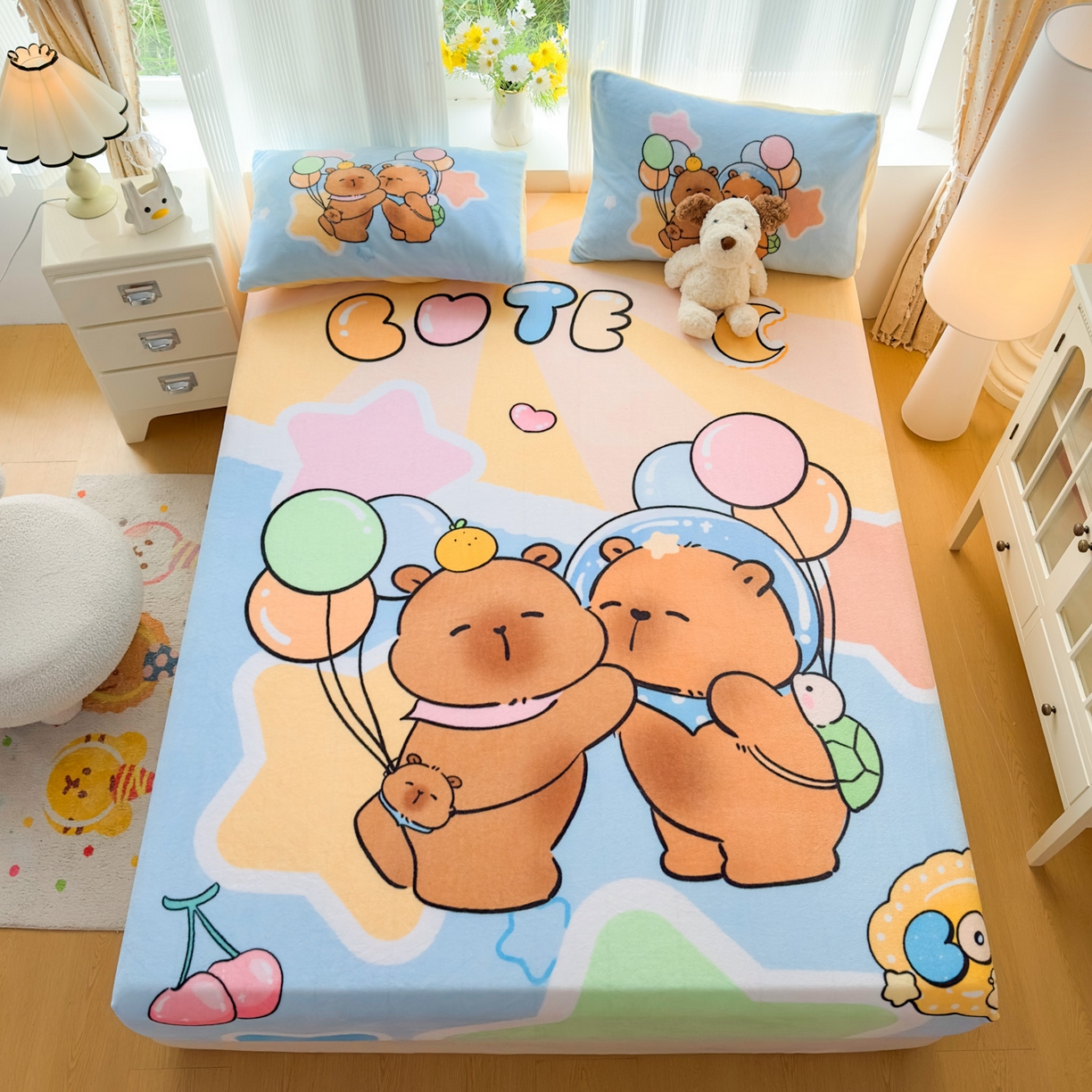 91家纺网 家纺一手货源 找家纺 浩诚 2025新款大版原创设计卡皮巴拉高克重牛奶绒单床笠 气球巴拉