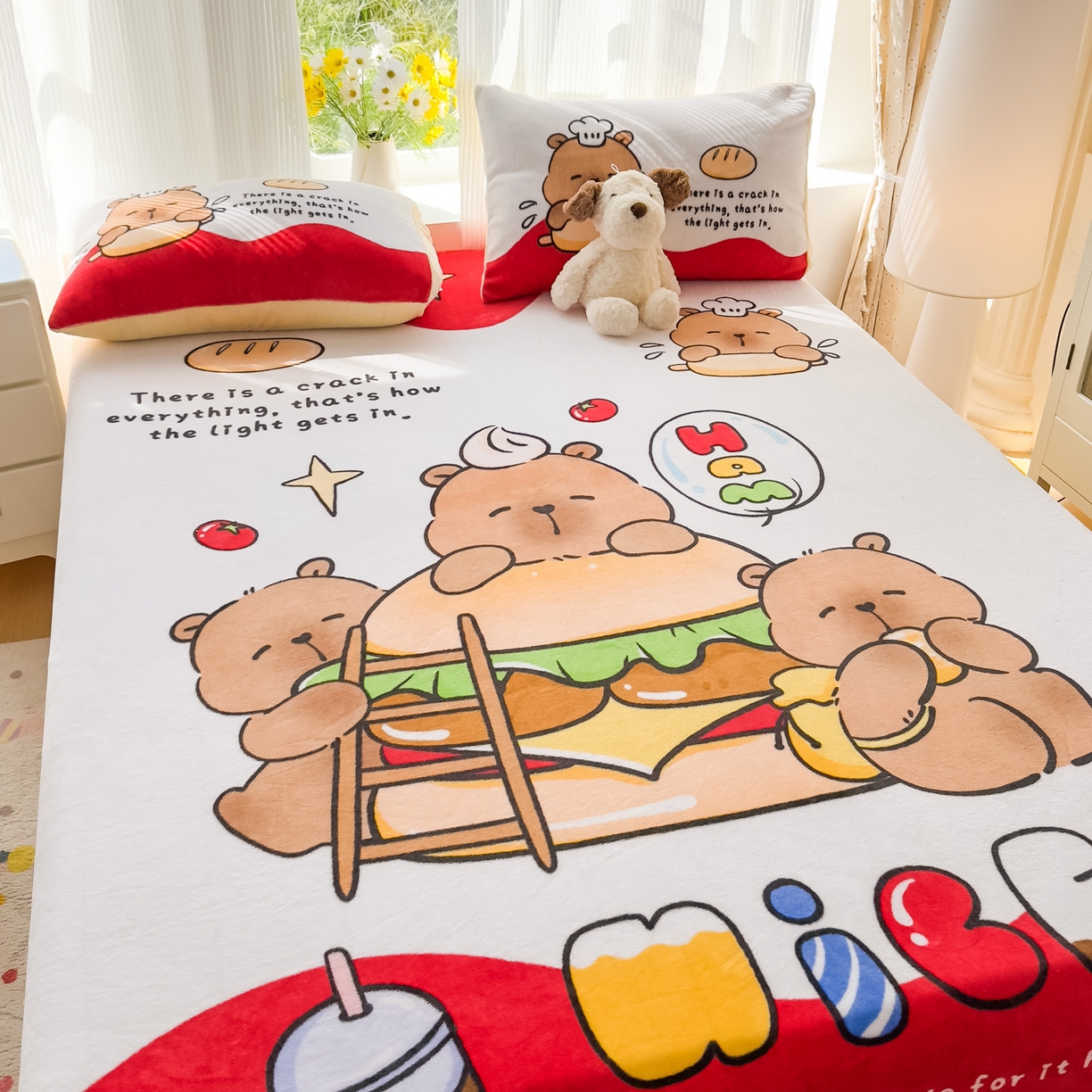 91家纺网 家纺一手货源 找家纺 浩诚 2025新款大版原创设计卡皮巴拉高克重牛奶绒单床笠 汉堡巴拉