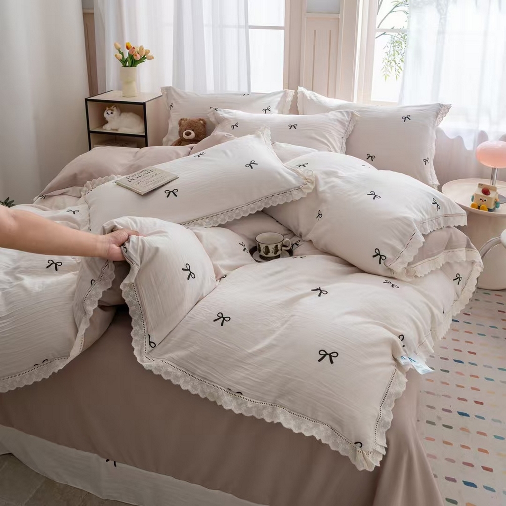 91家纺网 家纺一手货源 找家纺 （总）玖琳家纺 2025新款云朵水洗棉皱皱纱精致花边款四件套