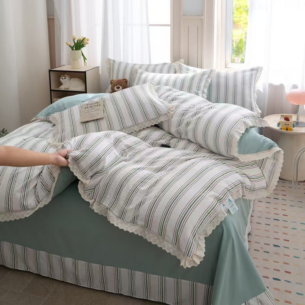 91家纺网 家纺一手货源 找家纺 （总）玖琳家纺 2025新款云朵水洗棉皱皱纱精致花边款四件套