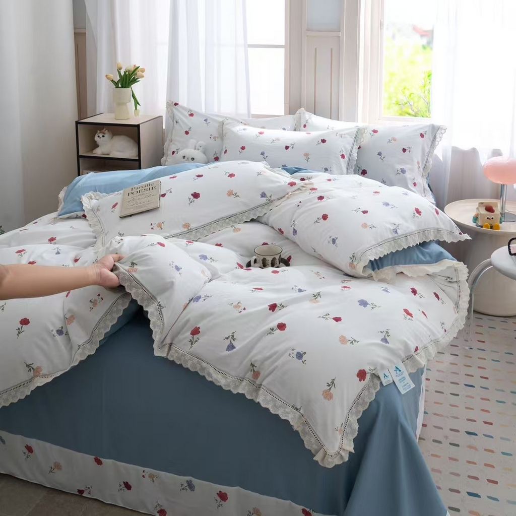 91家纺网 家纺一手货源 找家纺 （总）玖琳家纺 2025新款云朵水洗棉皱皱纱精致花边款四件套