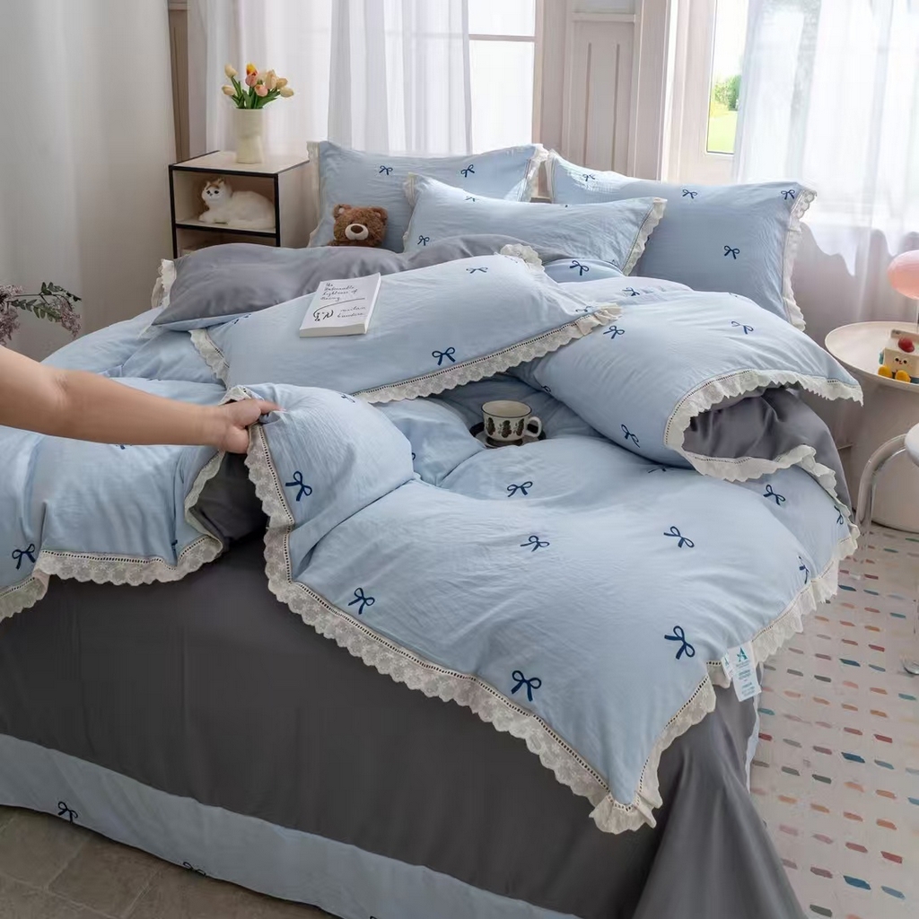 91家纺网 家纺一手货源 找家纺 （总）玖琳家纺 2025新款云朵水洗棉皱皱纱精致花边款四件套