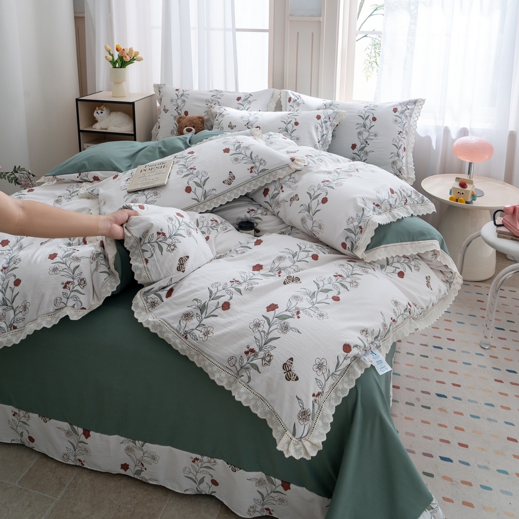 91家纺网 家纺一手货源 找家纺 （总）玖琳家纺 2025新款云朵水洗棉皱皱纱精致花边款四件套