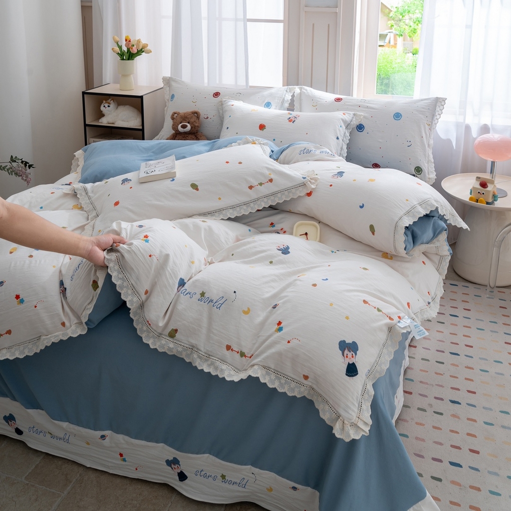 91家纺网 家纺一手货源 找家纺 （总）玖琳家纺 2025新款云朵水洗棉皱皱纱精致花边款四件套