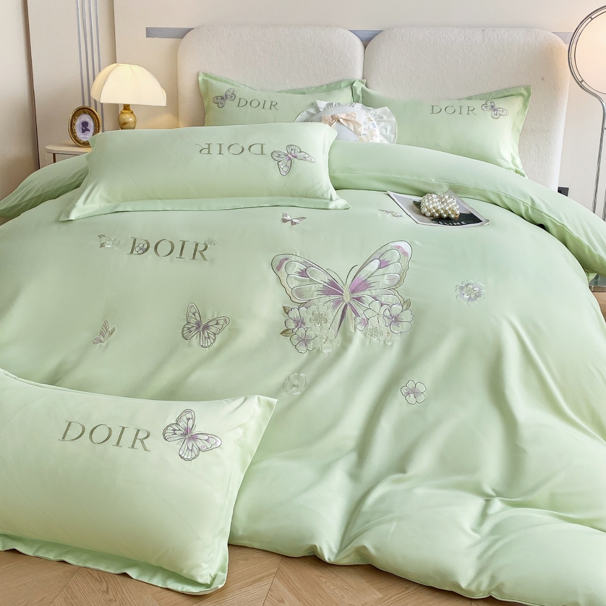 91家纺网 家纺一手货源 找家纺 大麦乐田 2025新款糯小棉吊边四件套-蝶梦花语（不带立体花） 蝶梦花语 浅绿