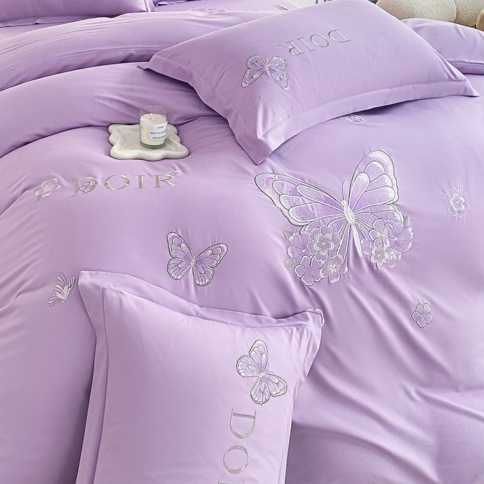 91家纺网 家纺一手货源 找家纺 大麦乐田 2025新款糯小棉立体绣花吊边四件套-蝶梦花语 蝶梦花语 浅紫