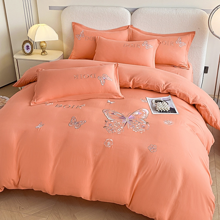 91家纺网 家纺一手货源 找家纺 大麦乐田 2025新款糯小棉立体绣花吊边四件套-蝶梦花语 蝶梦花语 桔色