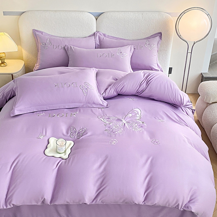 91家纺网 家纺一手货源 找家纺 大麦乐田 2025新款糯小棉立体绣花吊边四件套-蝶梦花语 蝶梦花语 浅紫