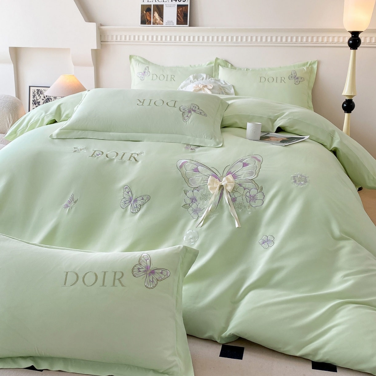 大麦乐田 2025新款糯小棉立体绣花吊边四件套-蝶梦花语 蝶梦花语 浅绿
