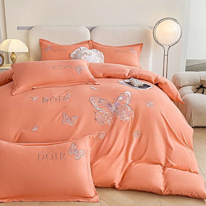 91家纺网 家纺一手货源 找家纺 大麦乐田 2025新款糯小棉立体绣花吊边四件套-蝶梦花语 蝶梦花语 桔色