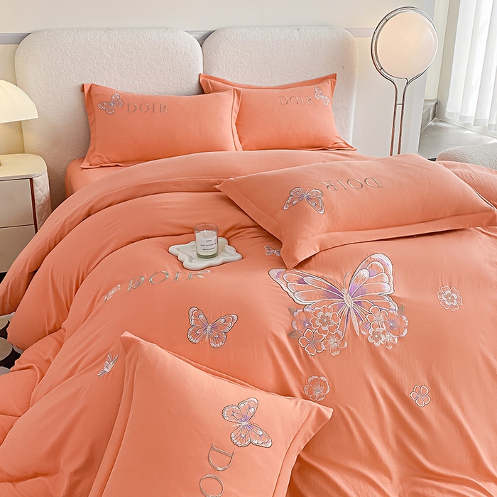 91家纺网 家纺一手货源 找家纺 大麦乐田 2025新款糯小棉立体绣花吊边四件套-蝶梦花语 蝶梦花语 桔色