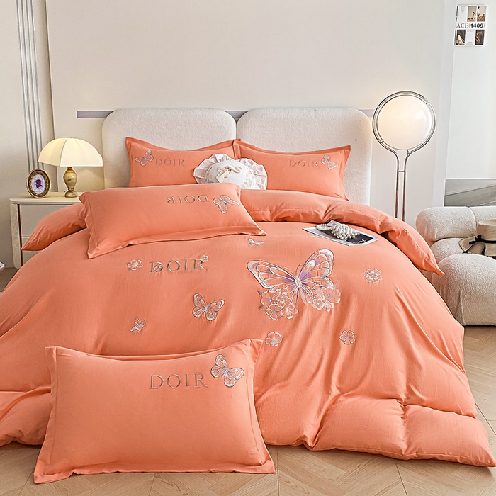 91家纺网 家纺一手货源 找家纺 大麦乐田 2025新款糯小棉立体绣花吊边四件套-蝶梦花语 蝶梦花语 桔色