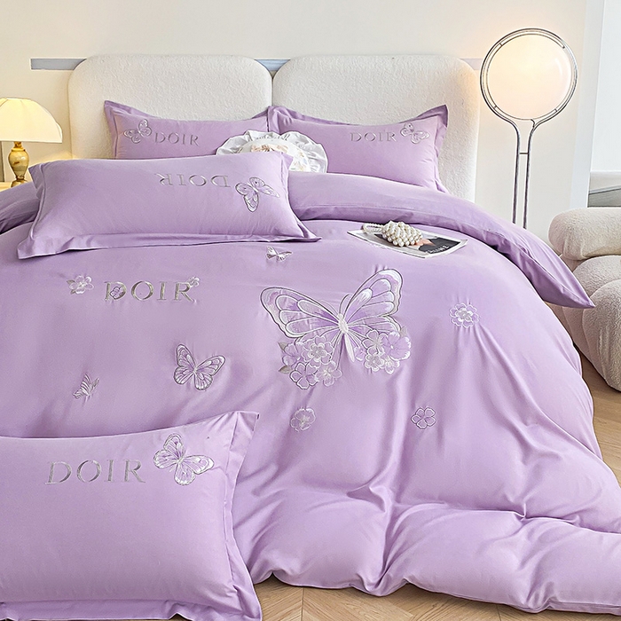 91家纺网 家纺一手货源 找家纺 大麦乐田 2025新款糯小棉立体绣花吊边四件套-蝶梦花语 蝶梦花语 浅紫