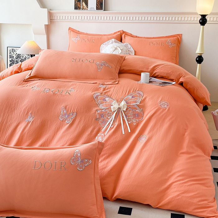 91家纺网 家纺一手货源 找家纺 大麦乐田 2025新款糯小棉立体绣花吊边四件套-蝶梦花语 蝶梦花语 桔色