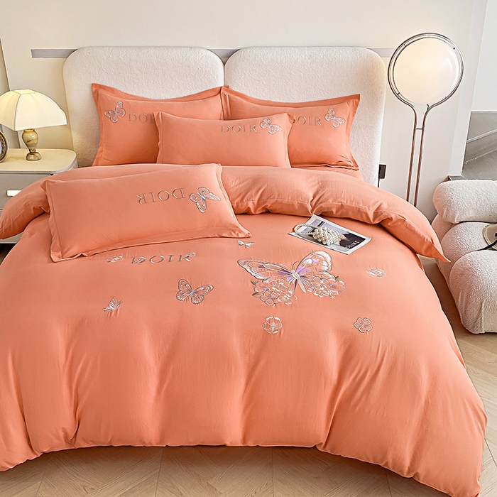 91家纺网 家纺一手货源 找家纺 大麦乐田 2025新款糯小棉立体绣花吊边四件套-蝶梦花语 蝶梦花语 桔色