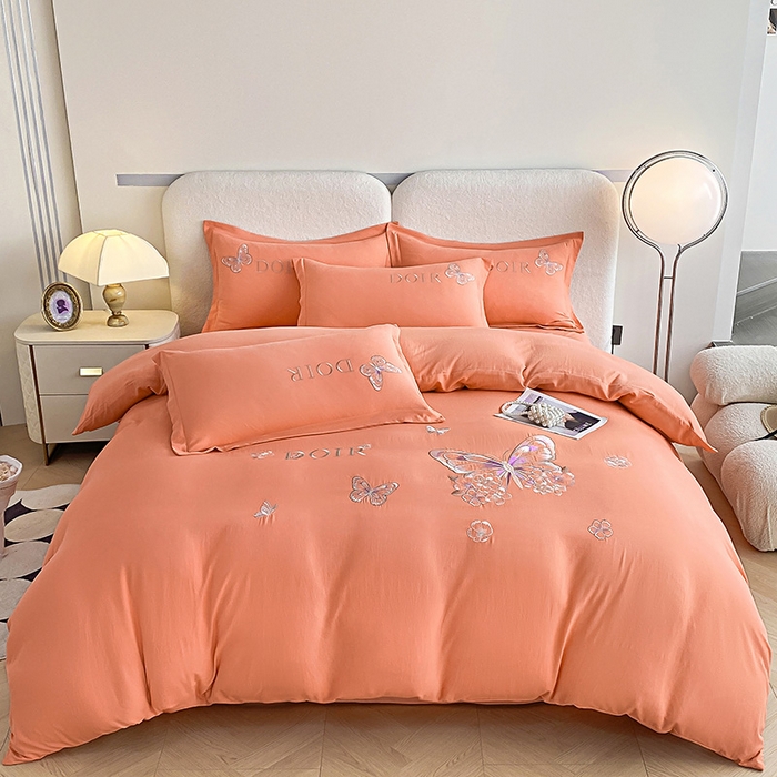 91家纺网 家纺一手货源 找家纺 大麦乐田 2025新款糯小棉立体绣花吊边四件套-蝶梦花语 蝶梦花语 桔色