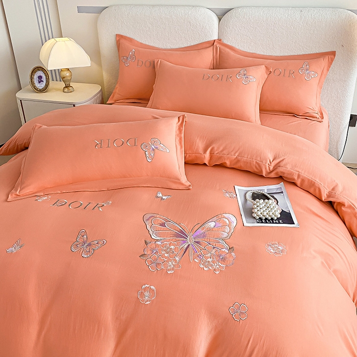 91家纺网 家纺一手货源 找家纺 大麦乐田 2025新款糯小棉立体绣花吊边四件套-蝶梦花语 蝶梦花语 桔色