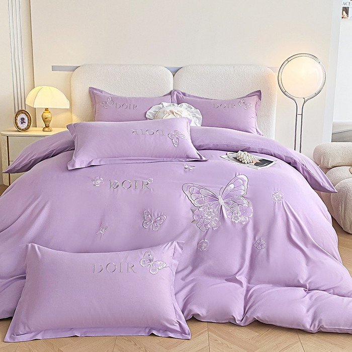 91家纺网 家纺一手货源 找家纺 大麦乐田 2025新款糯小棉立体绣花吊边四件套-蝶梦花语 蝶梦花语 浅紫