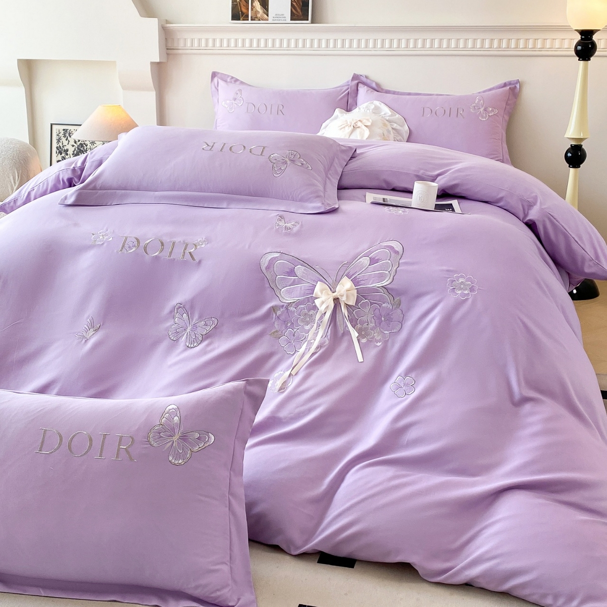大麦乐田 2025新款糯小棉立体绣花吊边四件套-蝶梦花语 蝶梦花语 浅紫
