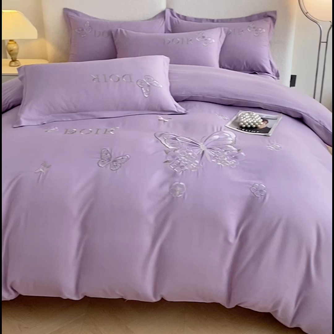 91家纺网 家纺一手货源 找家纺 大麦乐田 2025新款糯小棉立体绣花吊边四件套-蝶梦花语 蝶梦花语 浅紫