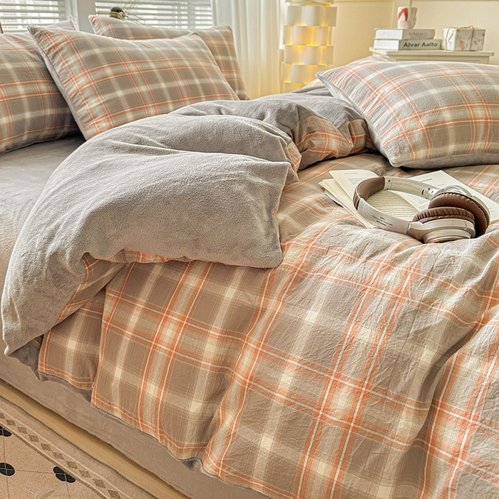 91家纺网 家纺一手货源 找家纺 （总）柠萌家居 2025新款无印良品风双拼全棉色织水洗棉加牛奶绒四件套简约全棉拼牛奶绒四件套 提供买家秀