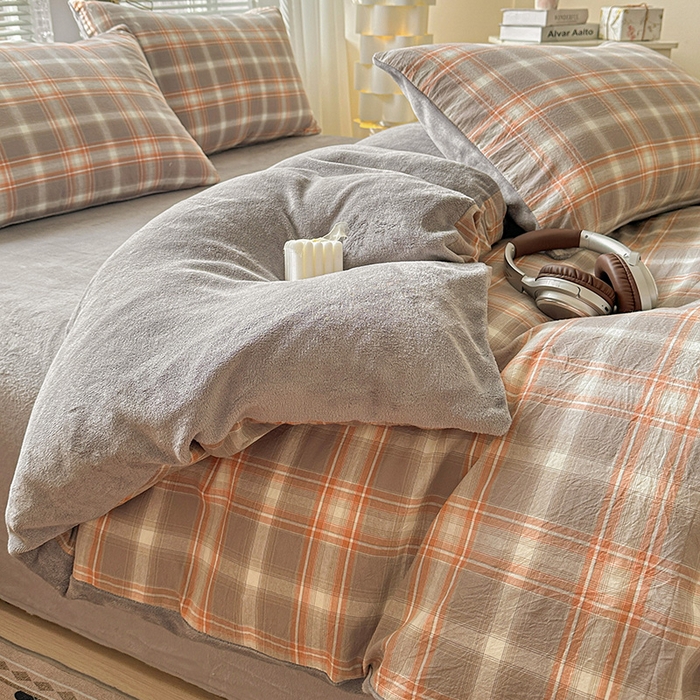 91家纺网 家纺一手货源 找家纺 （总）柠萌家居 2025新款无印良品风双拼全棉色织水洗棉加牛奶绒四件套简约全棉拼牛奶绒四件套 提供买家秀