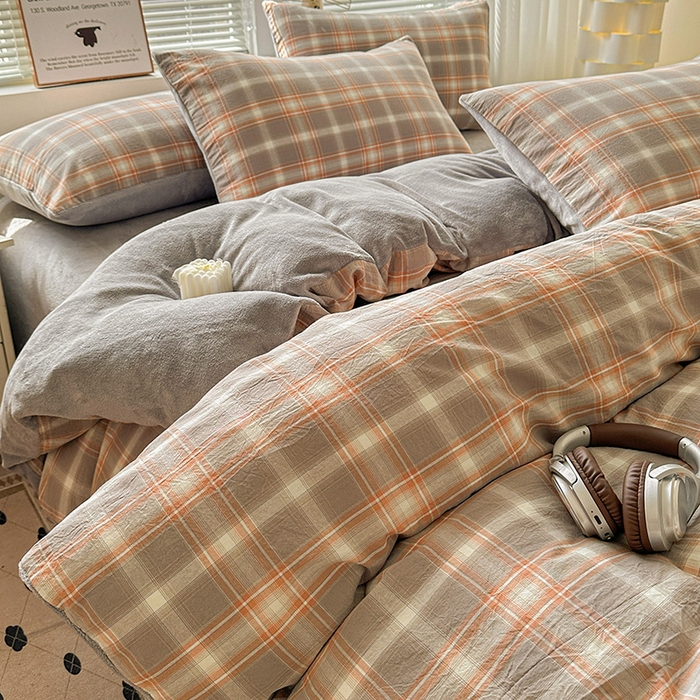 91家纺网 家纺一手货源 找家纺 （总）柠萌家居 2025新款无印良品风双拼全棉色织水洗棉加牛奶绒四件套简约全棉拼牛奶绒四件套 提供买家秀